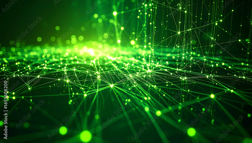 Fototapeta premium Abstract Network Visualization In Green Tones with Illuminated Dots and Lines on Black Background