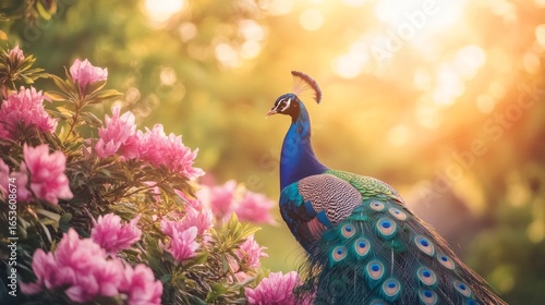 Wallpaper Mural Majestic peacock amidst vibrant pink flowers bathed in golden sunlight (1) Torontodigital.ca