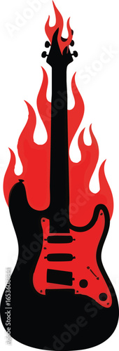 A stylized black guitar engulfed in flames, representing a fiery passion for music.