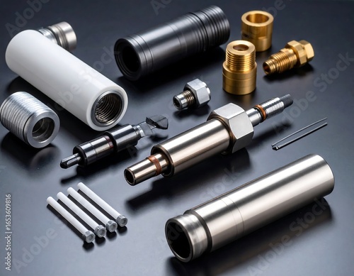 Assorted mechanical components arranged on a dark surface