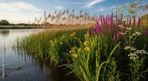 Vibrant Riverside Bloom: Golden Hour Light on Yellow Irises, Purple Loosestrife, and Tall Reeds by Calm Water