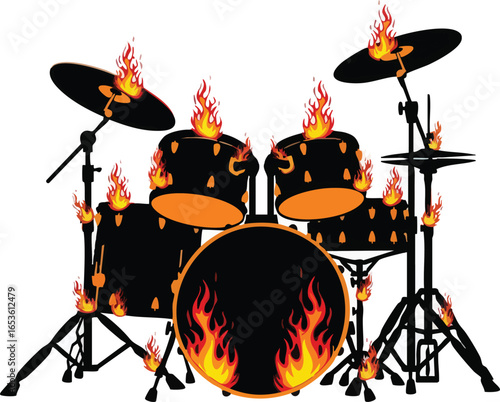 A drum set is engulfed in flames, with fire licking at the drums, cymbals, and stands, creating a fiery musical spectacle.