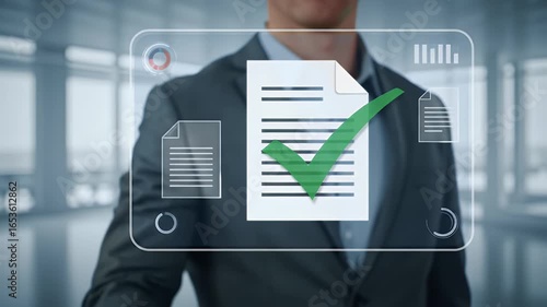 Business Professional Interacting with Digital Document with Validation Confirmation in Modern Office with Broad Windows and a Bright Day Time