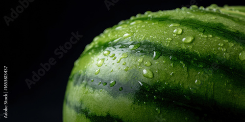  close-up of a watermelon surface, showcasing vibrant green stripes and droplets of water, emphasizing freshness and texture against a dark background.