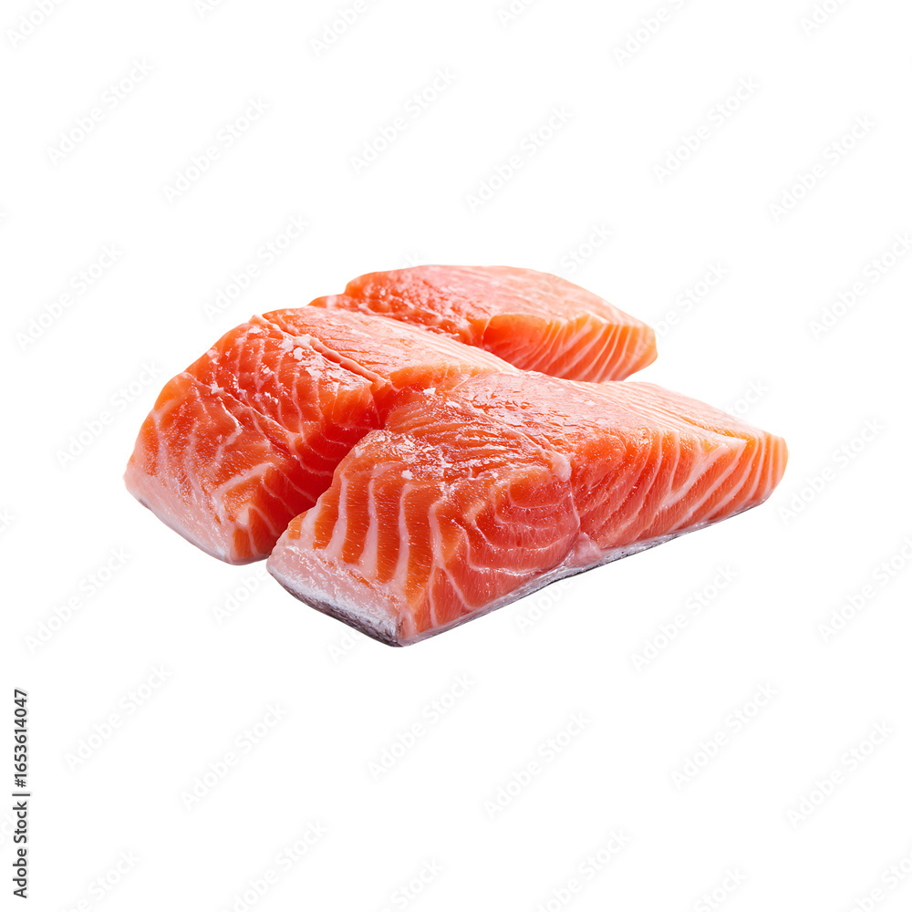 Three raw salmon fillet portions with visible white fat lines and pink flesh presented isolated on transparent background Three raw salmon fillet portions with visible white fat lines and pink flesh presented isolated on transparent background