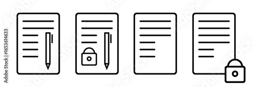 Set of edit document file text icon with lock vector illustration. Write message, letter