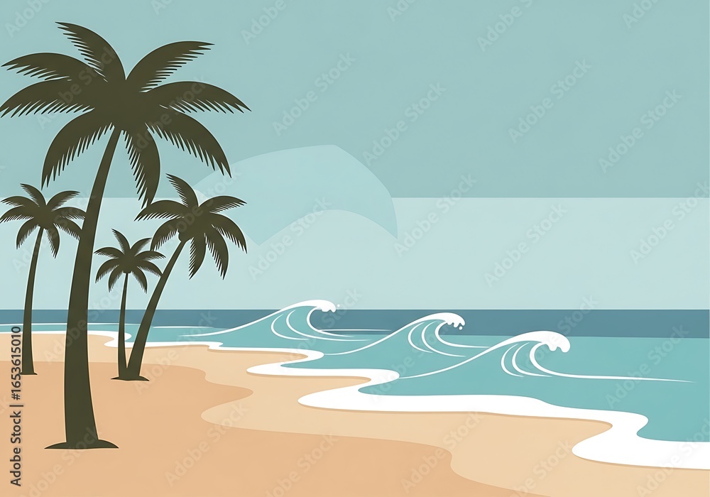 Fototapeta premium Stylized beachscape with palm trees and waves in serene muted pastel tones
