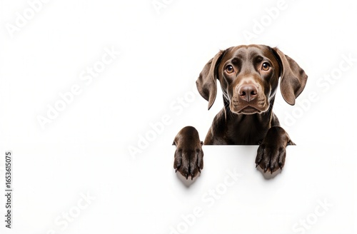 Chocolate Labrador Puppy Peeking Over a Blank Sign