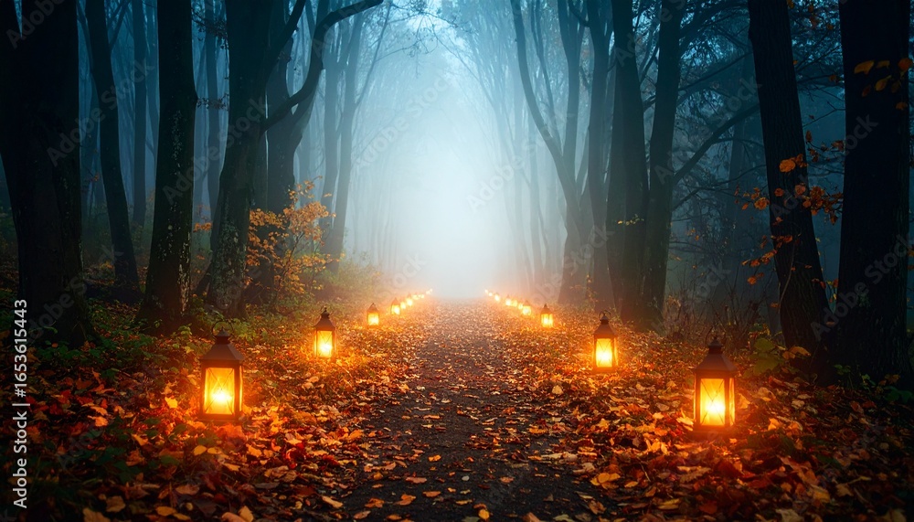 Obraz premium Lanterns glowing on autumn leaves in dense foggy forest