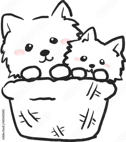 かごに仲良く入ったチワワ2匹のイラスト　犬のイラスト