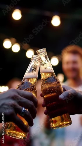 Cheers to Friendship People Toasting with Beer Bottles at an Outdoor Gathering