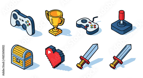 Isometric game assets vector illustration set, Game Controllers, Trophy, Treasure Chest, Pixel Heart, Swords