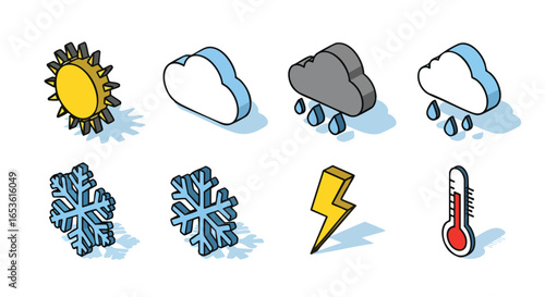 Isometric Weather Icons Vector Set for Forecast Apps, Sun, Cloud, Rain, Snow, Thunder, Temperature, Climate