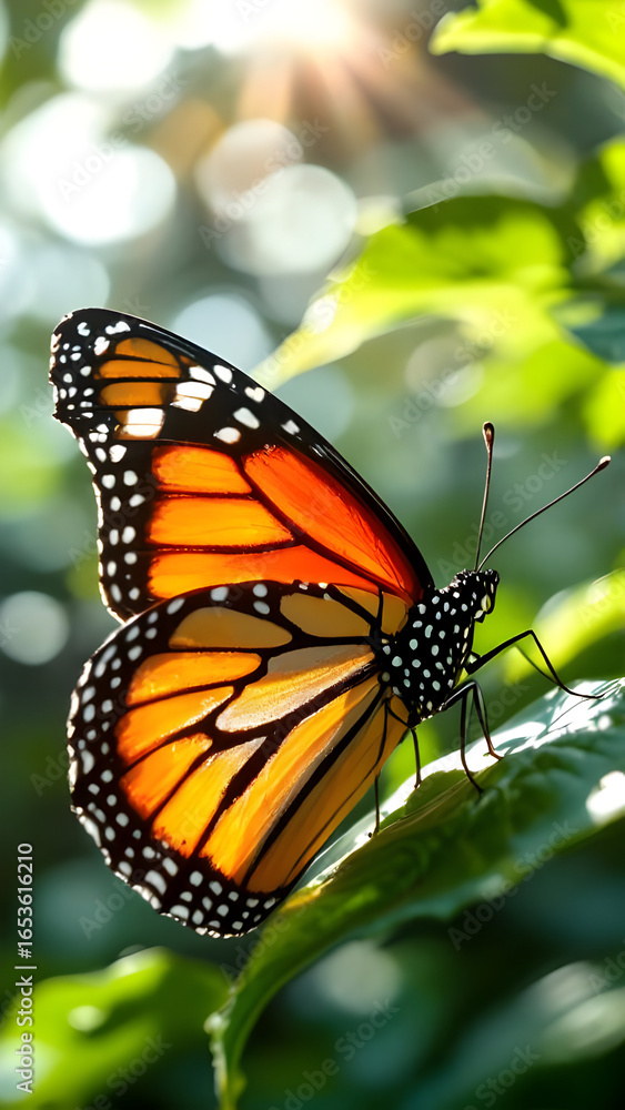 Fototapeta premium A monarch butterfly resting on a green leaf with sunlight filtering through the background foliage
