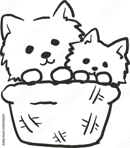 かごに仲良く入ったチワワ2匹のイラスト　犬のイラスト