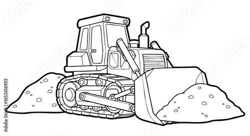 kids colouring page Heavy Duty Construction Bulldozer Vector Illustration, Front Loader, Earthmoving, Digging, Equipment, Outline