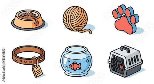 Cartoon Pet Care Accessories Isometric Vector Illustration Icons, Pet Supplies, Animal Companions, Cute, Flat Design