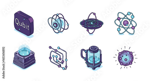 Futuristic Quantum Technology Digital Vector Illustration Set, Qubit, Atom, Science, Digital, Physics, Computing, Future, Abstract