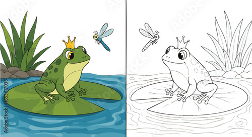 kids colouring page Charming Frog Prince Pond Scene Illustration, Frog King, Dragonfly, Lily Pad, Water, Cartoon, Coloring, Kids, Vector, Fairytale.