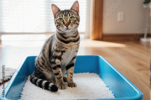 Tabby Cat Sitting in a Blue Litter Box on Wooden Floor