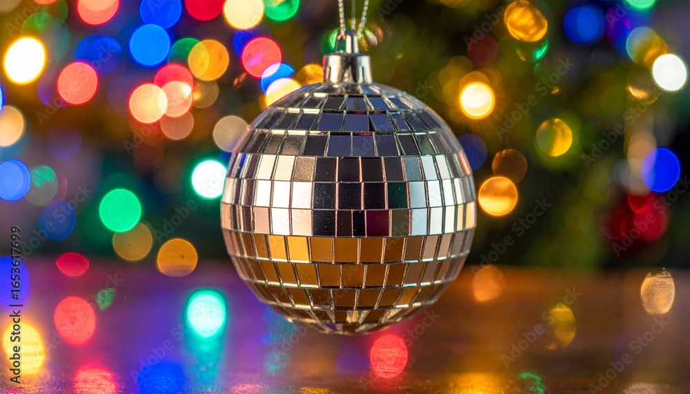 Obraz premium Bright shiny disco ball Christmas ornament on a green Christmas tree with colorful blurred bokeh lights