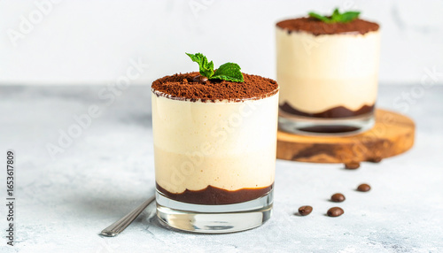Tiramisu Delight: A delectable presentation of two Tiramisu desserts, artfully layered and garnished with a sprig of mint, against a clean, inviting backdrop.