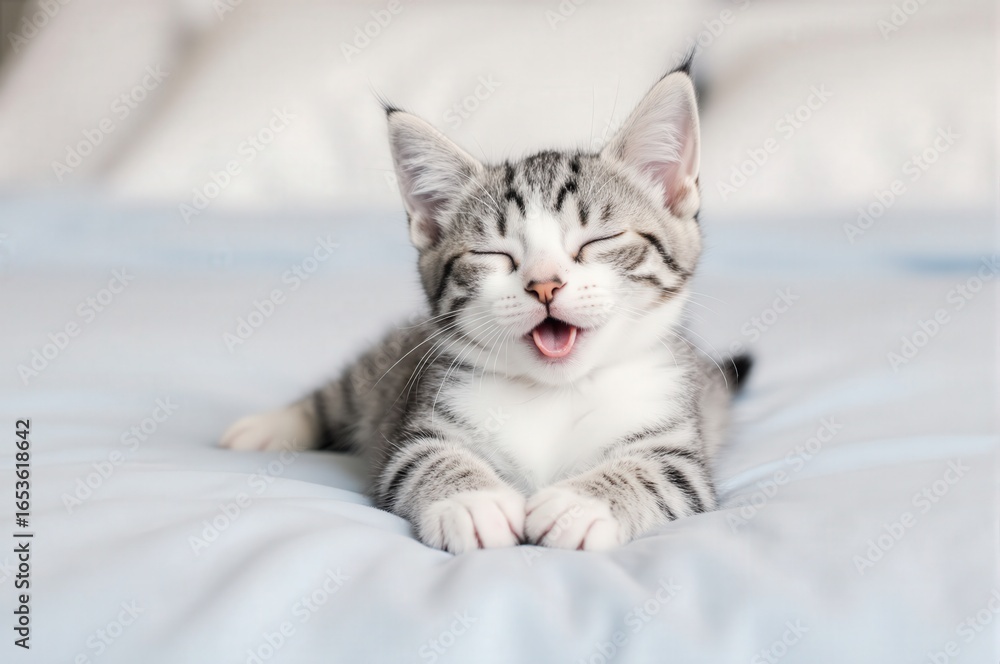 Adorable tabby kitten with closed eyes, appearing to smile while lying on a soft bed Adorable tabby kitten with closed eyes, appearing to smile while lying on a soft bed