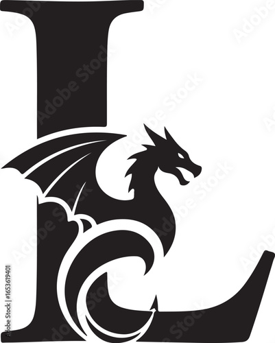 Majestic dragon embellishes elegant letter l silhouette symbolizing fantasy and mythical creatures in a striking black and white design