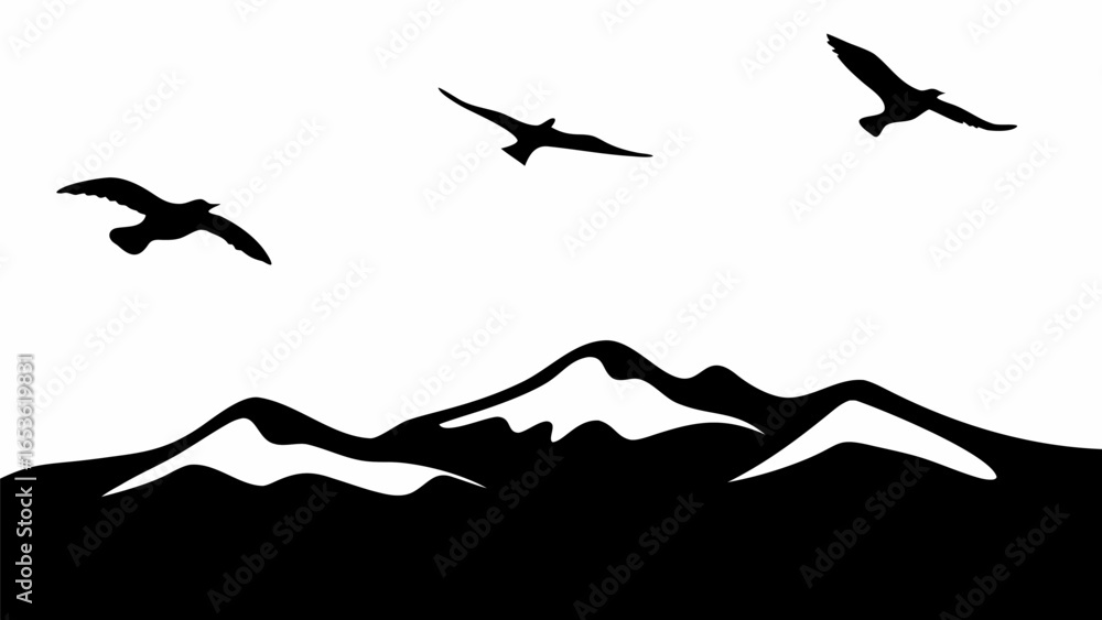 Naklejka premium Silhouette of birds flying over mountain range against a white background in a monochrome illustration