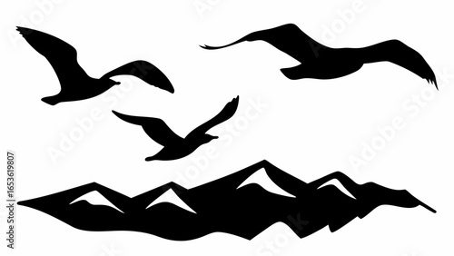 Silhouette illustration of three birds flying over a mountain range against a white background scene view