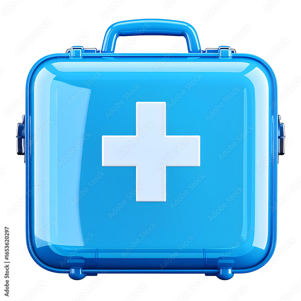 Fototapeta premium First Aid Kit Isolated On White Background: A close-up, highly detailed shot of a pristine, blue first aid kit with a prominent white cross emblem, ready for any medical emergency.