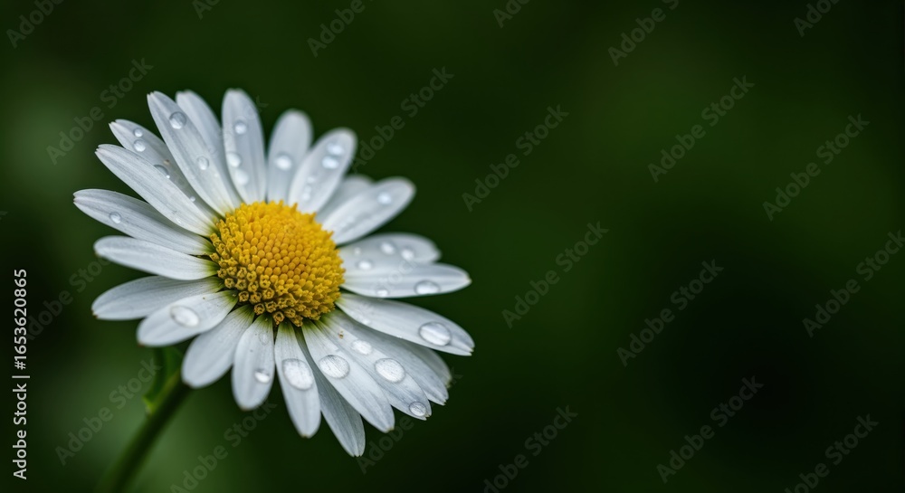 Fototapeta premium Daisy in Focus: A single daisy stands out against a dark background, its pristine white petals and bright yellow center illuminated with delicate water droplets.