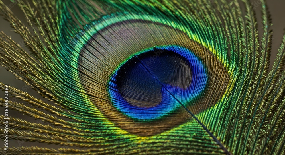 Obraz premium Peacock Feather Close-Up: An extreme close-up showcases the vivid colors and intricate detail of a peacock feather, revealing a captivating world of beauty and elegance.