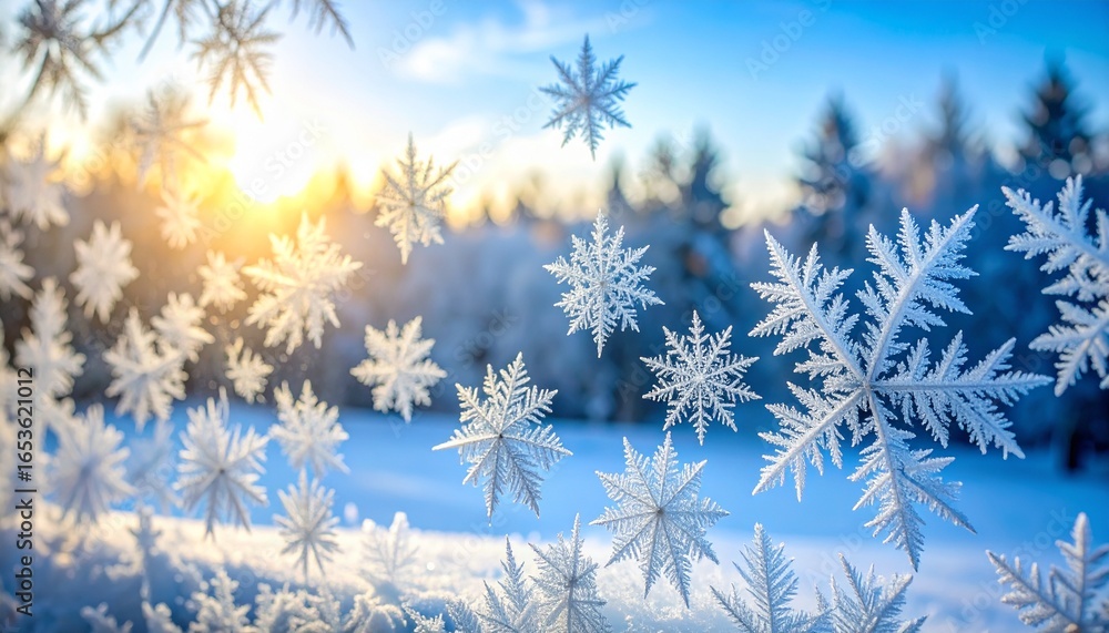 Delicate Frosty Snowflakes on a Window with a Blurred Golden Winter Forest Background and Sunlight