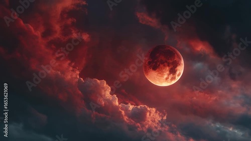 Dramatic red blood moon, mysterious celestial event in cloudy night sky