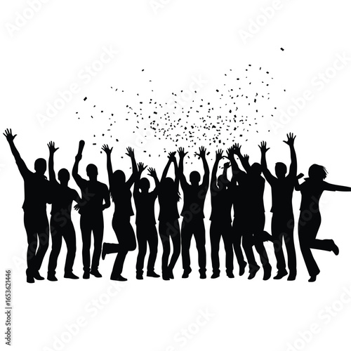 Vector illustration of silhouette of a happy crowd celebrating with hands in the air