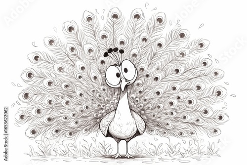 Simple line art drawing of a smiling peacock with feathers spread out standing on grass, minimal detail and clean lines, easy coloring page for kids
