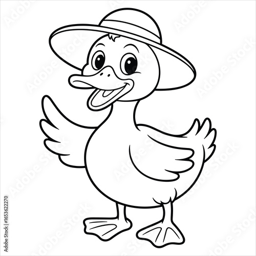 Cute Cartoon Duck Coloring Page Vector Illustration