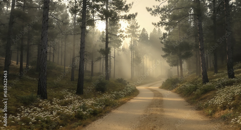 Fototapeta premium Mystical Forest Path Sunrise Through Misty Pines
