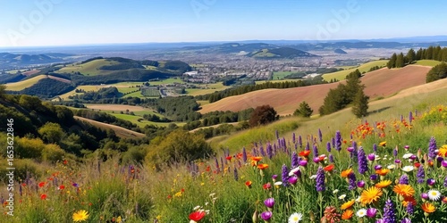 Panoramic view of Silicon Valley hills, vibrant wildflowers, Redwood City & Menlo Park vista , stock photo, summer