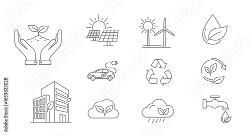 Vector illustration of set of ecofriendly and sustainable energy icons isolated on white background