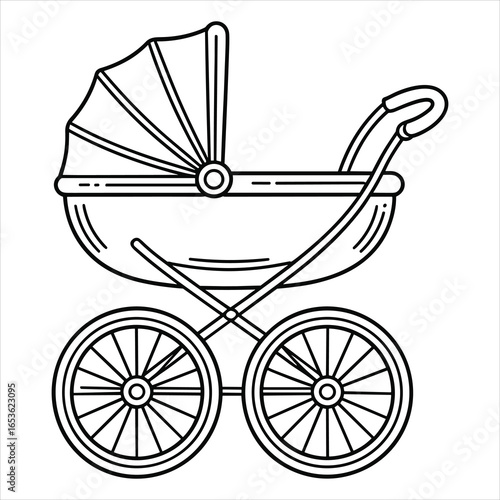 Baby Stroller Vector Illustration. Cute Pram Outline for Coloring and Design.