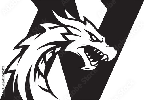 Fierce black and white dragon head emblem with sharp features and aggressive expression ideal for gaming or sports logos