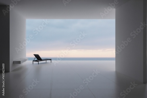 Minimalist indoor space with a lounge chair facing the ocean horizon