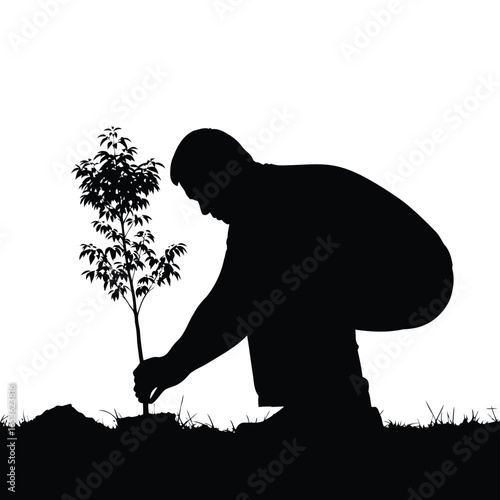 Vector illustration of man planting a tree silhouette isolated on white background