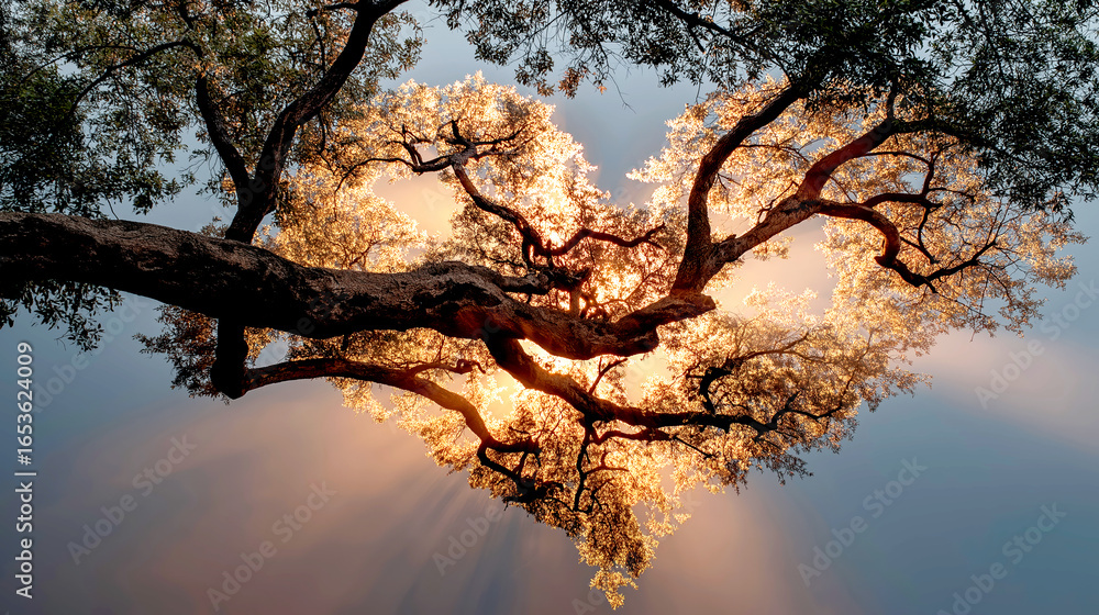 Naklejka premium heart shaped tree canopy glowing with sunlight rays 