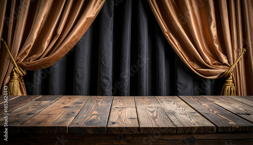 Empty Wooden Stage with Brown and Black Curtains Interior with Gold Decor