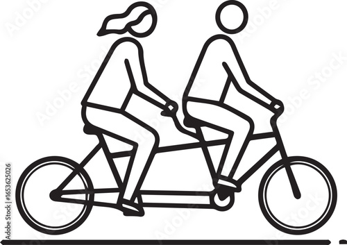 Couple riding tandem bicycle, a simple line art style perfect for infographics and recreational themes, conveys togetherness and shared activity