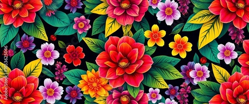 Seamless vibrant floral pattern; lush blooms, colorful leaves, repeating design for packaging, vibrant, packaging design