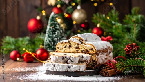 Whole Christmas Stollen loaf and sliced pieces generously dusted with powdered sugar, arranged with a miniature Christmas tree and festive ornaments on a dark background.